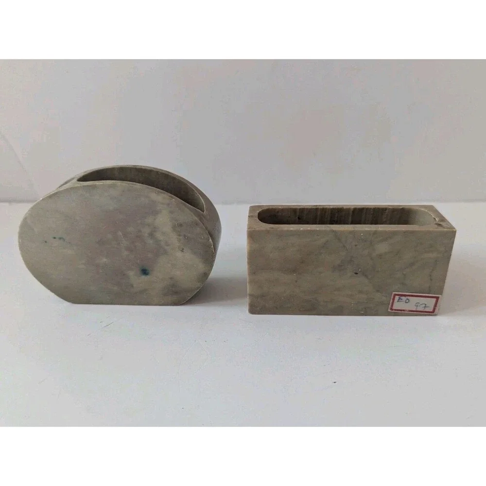 Vtg Soapstone Set Of 2  Decorative Desk Pen & Business Card Holder Hand Carved